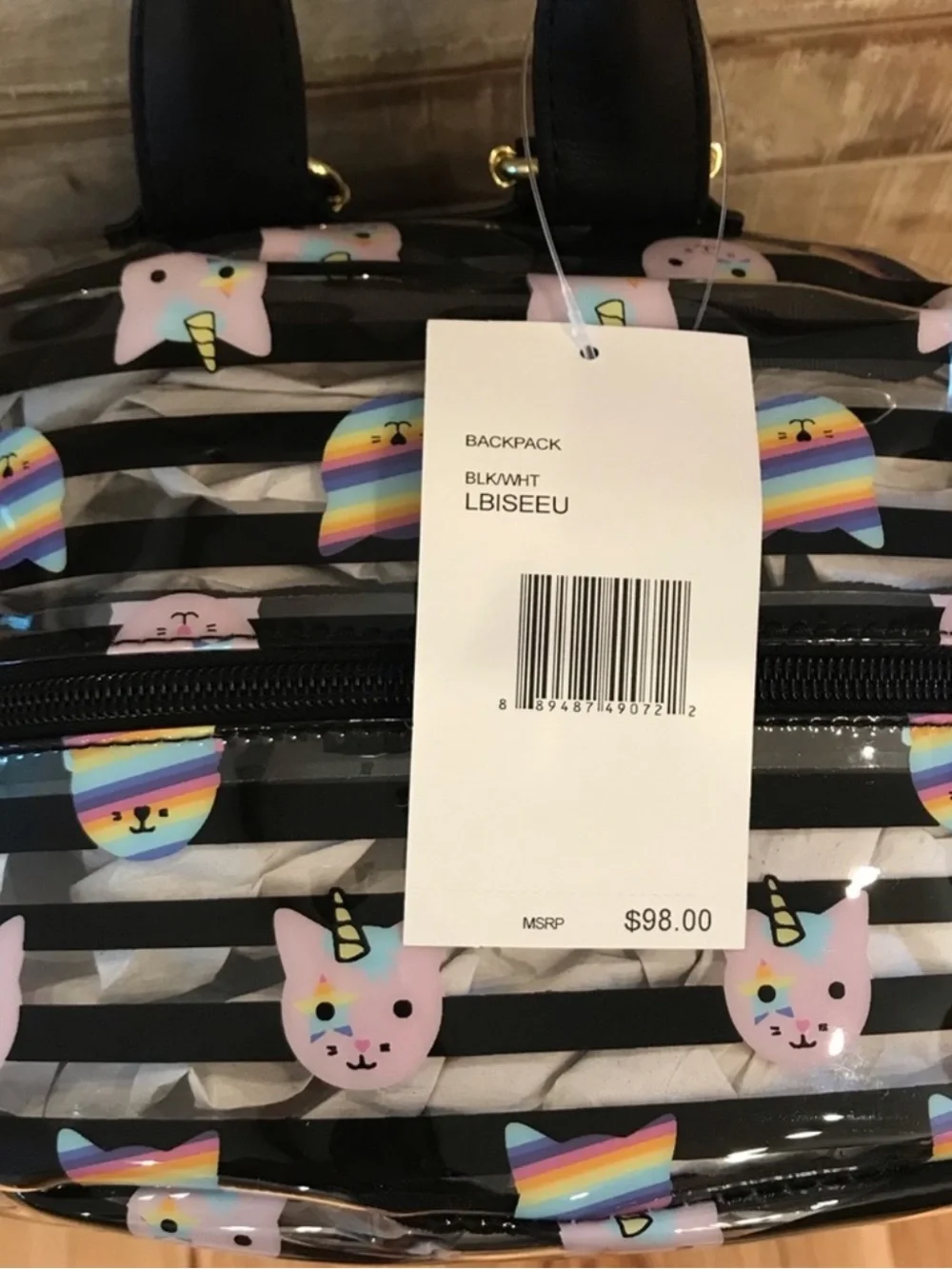 BETSEY JOHNSON Clear Striped Rainbow Unicorn Kitty Cat Backpack